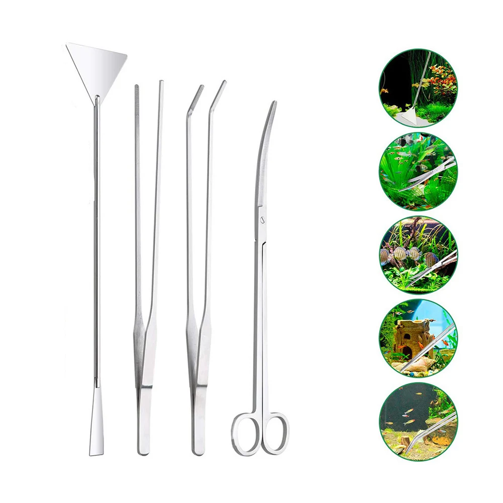 

4-Piece Stainless-Steel Aquarium Plant Tool Set Terrarium Plant Tweezers Gravel Scissors Spatula Steel Waterweed Kit Fish Tank, As shown