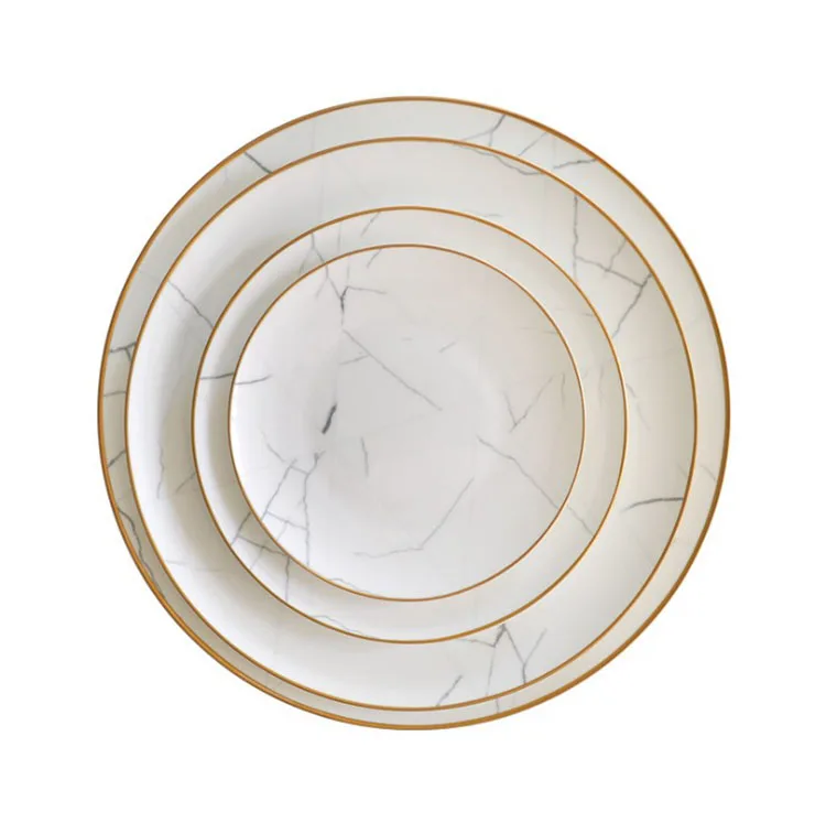 

Luxury nordic fine bone china marble plate bowl dinnerware set European wedding creative gilt edge ceramic tableware, Marble white