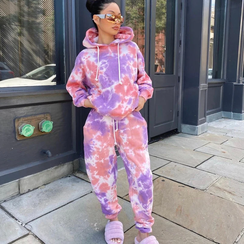 

2021 Two Piece Set Women Clothing Tracksuit Tie Dye Jogger Set Sweatpants And Hoodie Set, Customized color