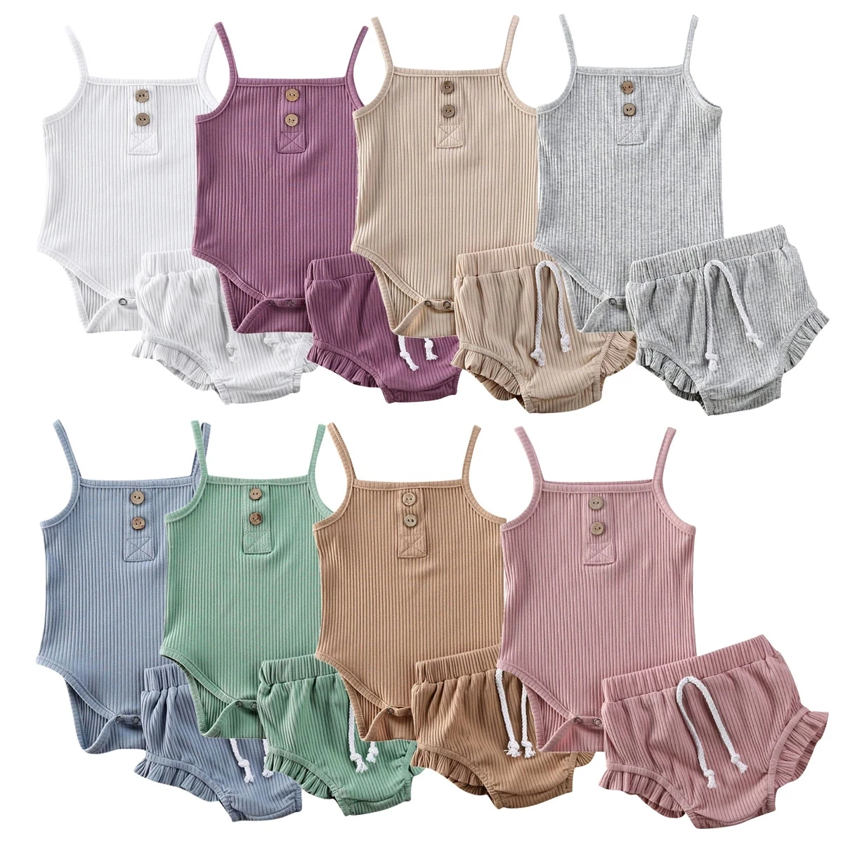 

Baby Ribbed Set Sleeveless vest rompers + Shorts 2pcs Outfit Solid Color, Picture