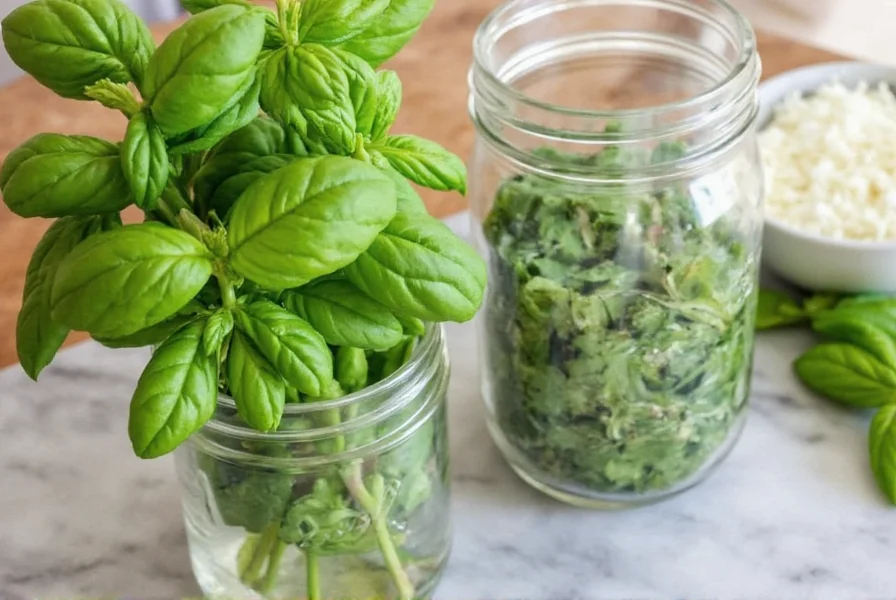 Dried basil sprinkled over steaming hot pasta