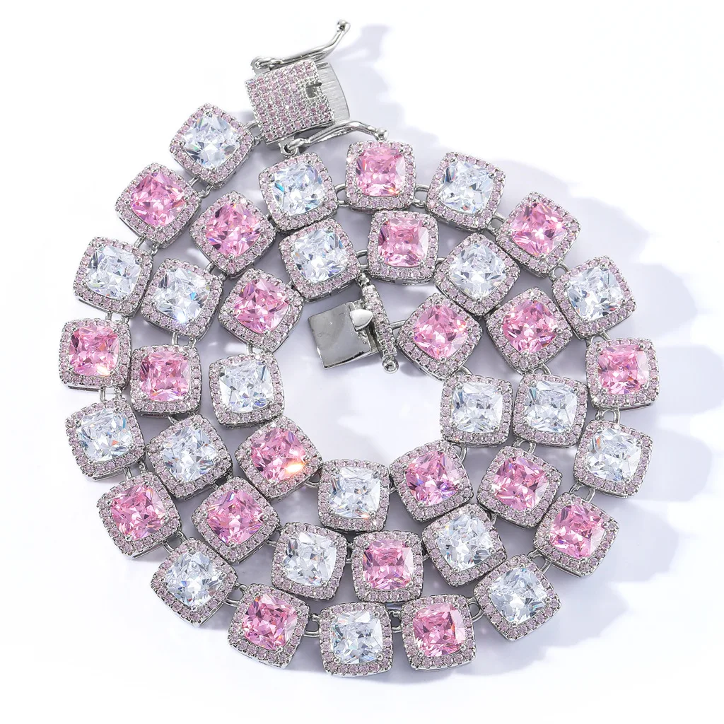 

Hip hop jewelry 10mm pink and white zircon CZ copper square zircon beaded necklace women