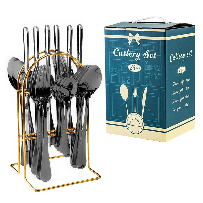 

Jieyang manufacturer goodprice luxury Gold dinnerware set 24PCS with Spoon Fork Knife stainless steel cutlery set with Gift box, Gold/silver/black