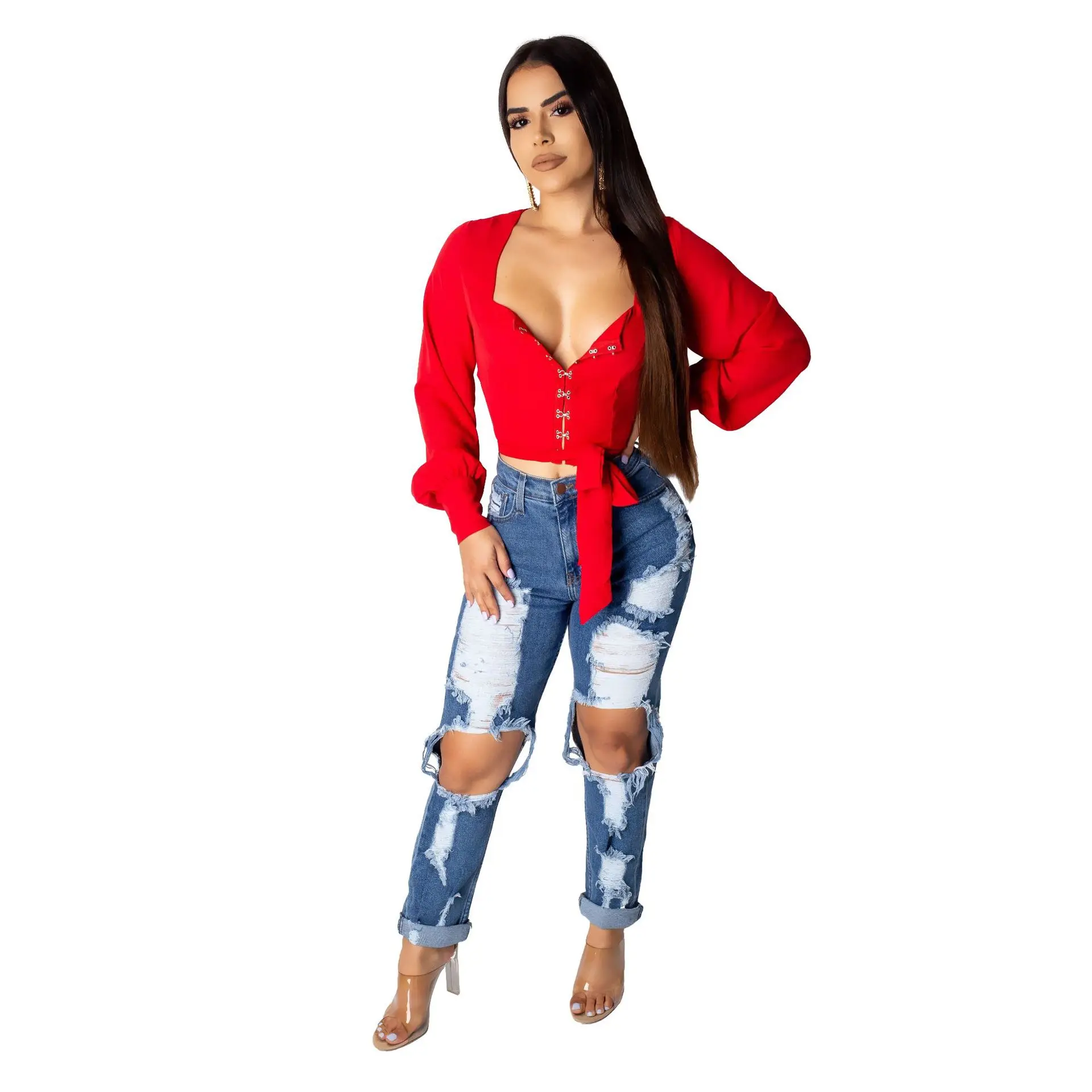 

High street style colorful fashionable ripponed flare jeans plus size