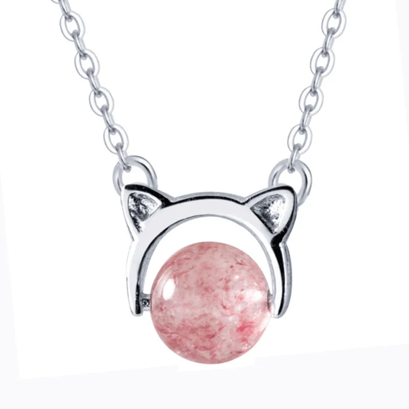 

S925 Sterling Silver Fashion Cute Sweet Kitty Cat Pink Strawberry Quartz Pendants Necklace Women Jewelry