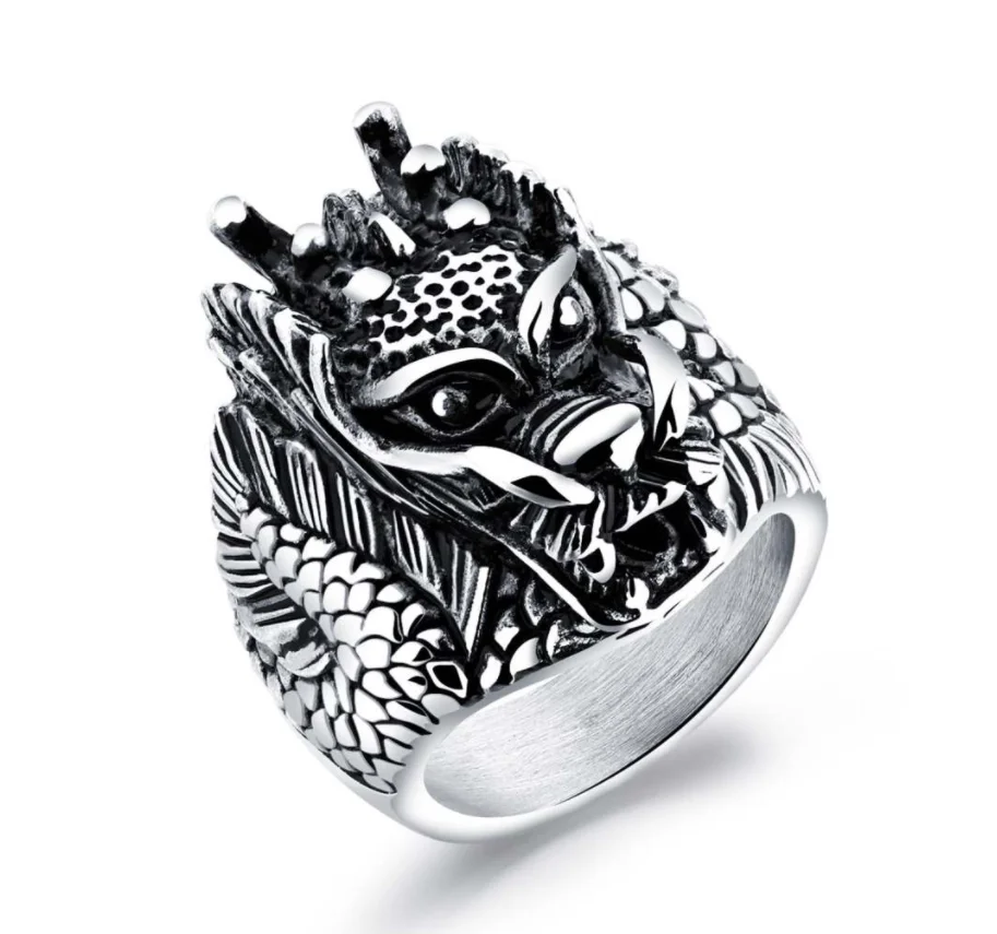 

Punk vintage chinese traditional dragon design stainless steel animal lion head man's ring