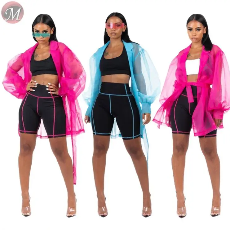 9081910 queenmoen hot selling tailored collar long lantern sleeve mesh perspective women's solid color jacket coat