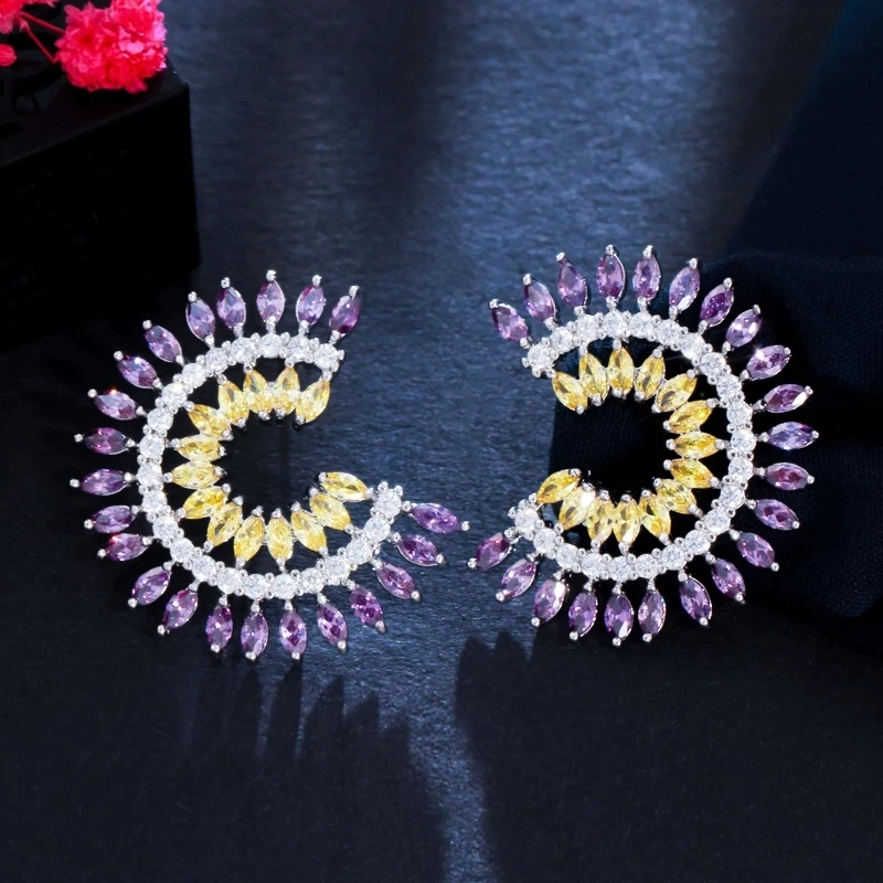

Fashion Brand Ladies Jewelry Unique Design Beautiful Round Purple and Yellow CZ Crystal Women Big Stud Earrings