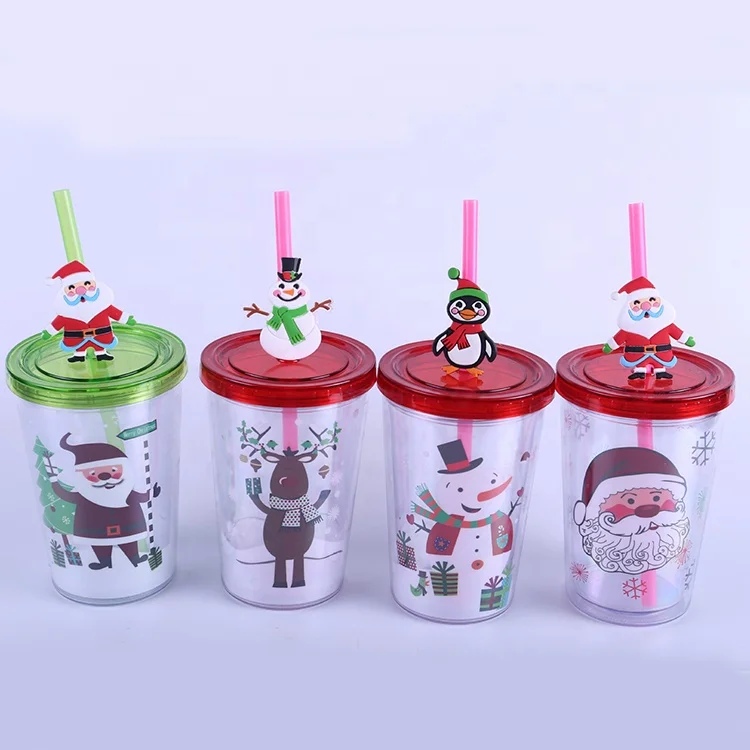 

Christmas Santa Claus Pattern Tumbler 12 oz Reusable Travel Plastic Coffee Cup with Screw-On-Lid and Straw, Clear