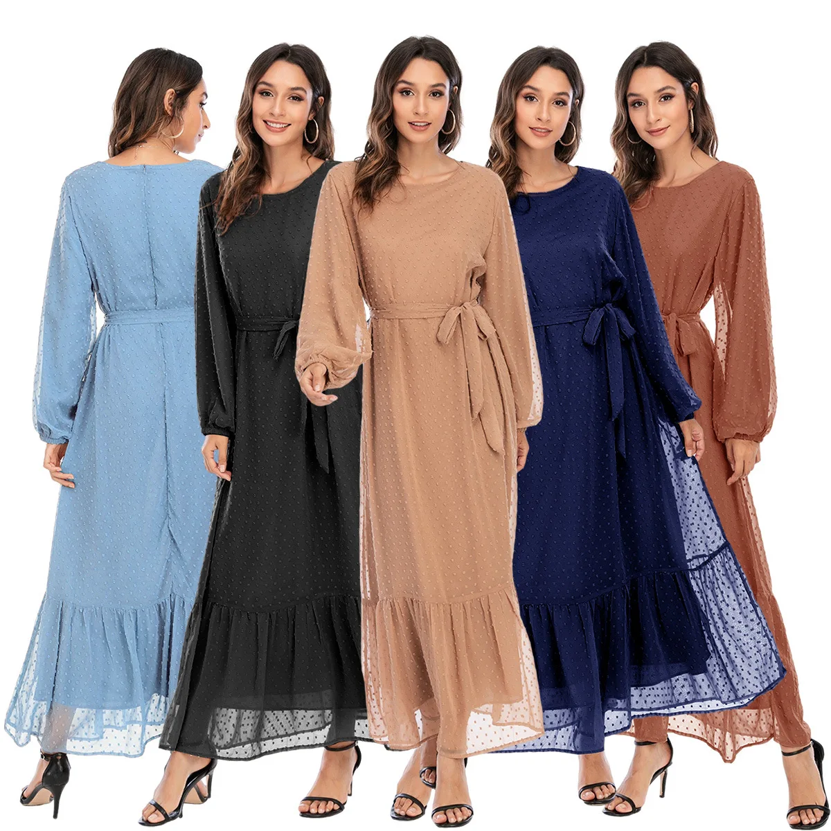 

EID Popular Polka Dot Muslim Dress With Lining Modest Islamic Women Kaftan Ethnic Clothing Maxi Dresses Abaya, 5 colors or customized colors