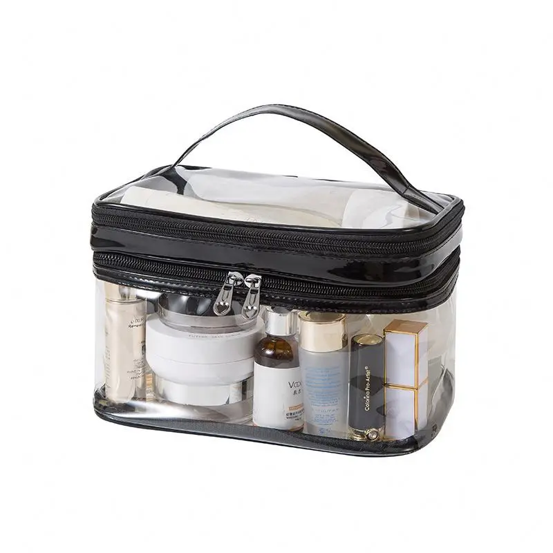 

Amazon Women Transparent Travel Cosmetics Bag 2 Layer Clear PVC Make Up Bag with Dual Zipper, White, black, pink, custom color