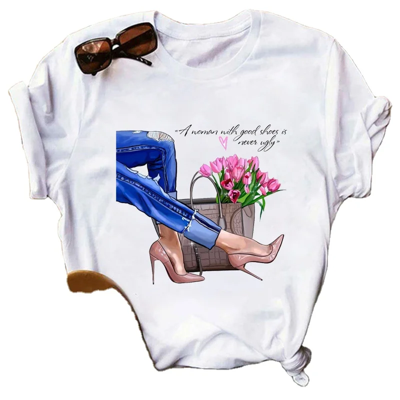 

Perfume flower striped T-shirt street letter printing female short sleeve new casual short sleeve