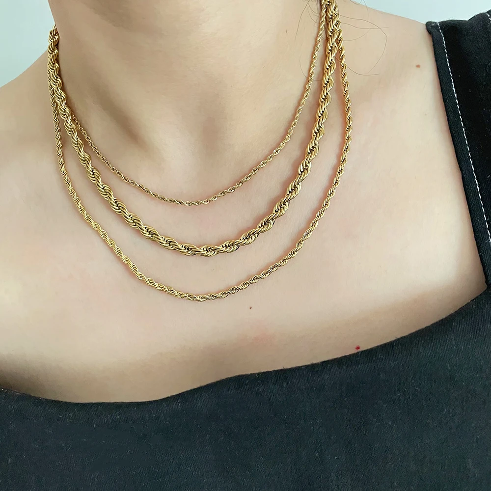 

4 Sizes Chunky Twisted Rope Chain Necklaces Gold Plated Layered Necklace Women Men Vintage Minimalist Stainless Steel Jewelry