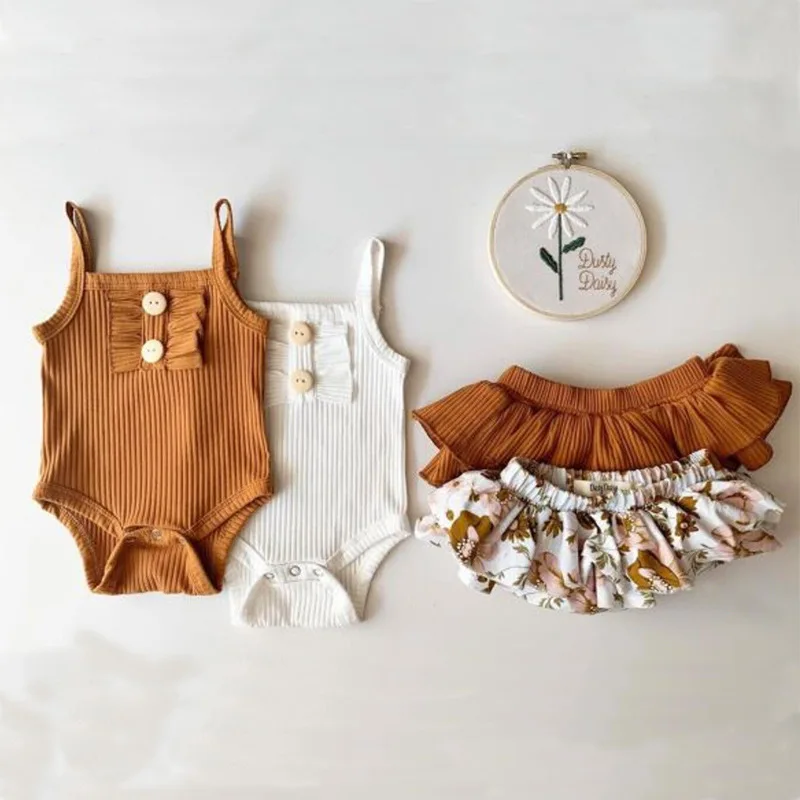 

2020 Toddler Baby Girls Clothes Sets Solid Color Knitted Button Rompers Tops Shorts PP Pants Outfits 2PCS Summer Clothing, As picture