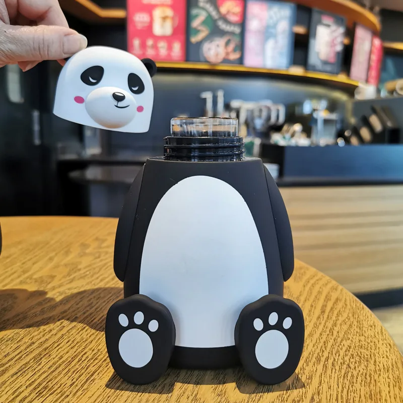 

Unique new fashion Cute kawaii borosilicate glass drink bottle 3D cartoon animal panda water bottle with silicone sleeve, As picture showing