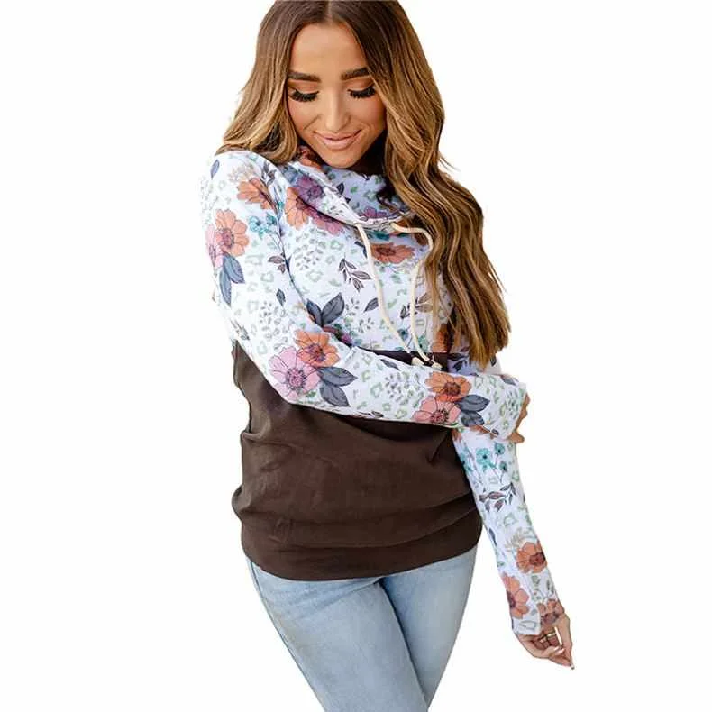 

Fashion New Woman Long Sleeve Cowl Neck Hoodie Floral Sweatshirt For Ladies
