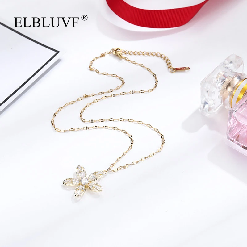 

ELBLUVF Free Shipping Simple Alloy Gold Plated Zircon Flower Pendant Necklace For Women