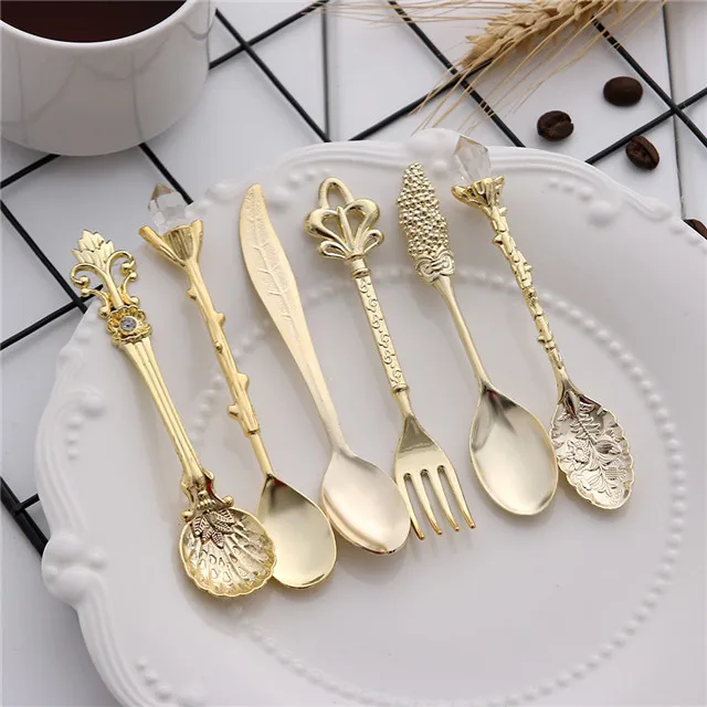 

Vintage Spoons Fork Mini Royal Style Metal Coffee Snacks Fruit Dessert Fork Kitchen Tool Teaspoon 1se Kitchen Accessories, As show