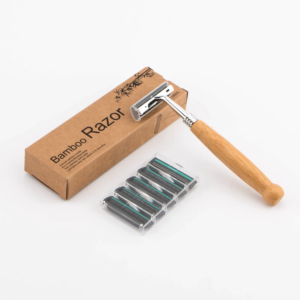 

Bamboo handle twin stainless steel blade cartridge razor 1 razor 5 extra cartridges, Bamboo natural