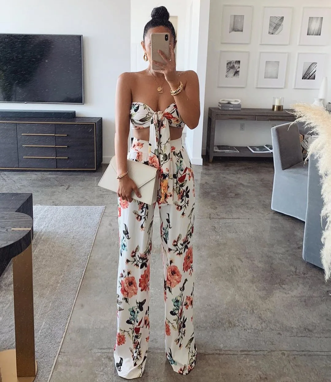 

Summer 2021 Women Casual Loose Floral Flowers Print 2 Piece Sets Lace-up Crop Top + Flare Pants, Orange, red