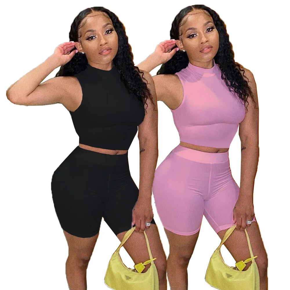 

High quality women 2 piece set crop top solid color tank top shorts outfits high waist bodycon booty shorts set