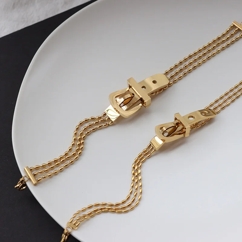 

Bracelet women belt buckle three-layer bead chain bracelet titanium steel plated 18k gold stainless steel bracelets