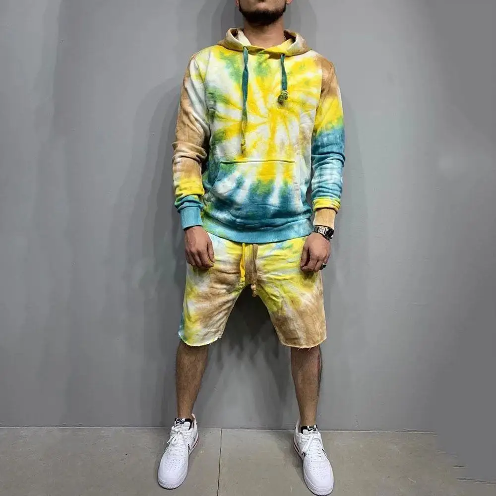 

Spring 2021 hot sale trendy tie dye hoodie and shorts set 2 piece mens clothing long sleeve high streetwear, 1 colors as picture