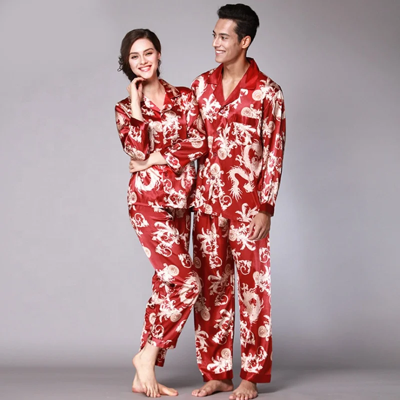

long-sleeved sexy silk mens pijamas Red Couple pyjama homme