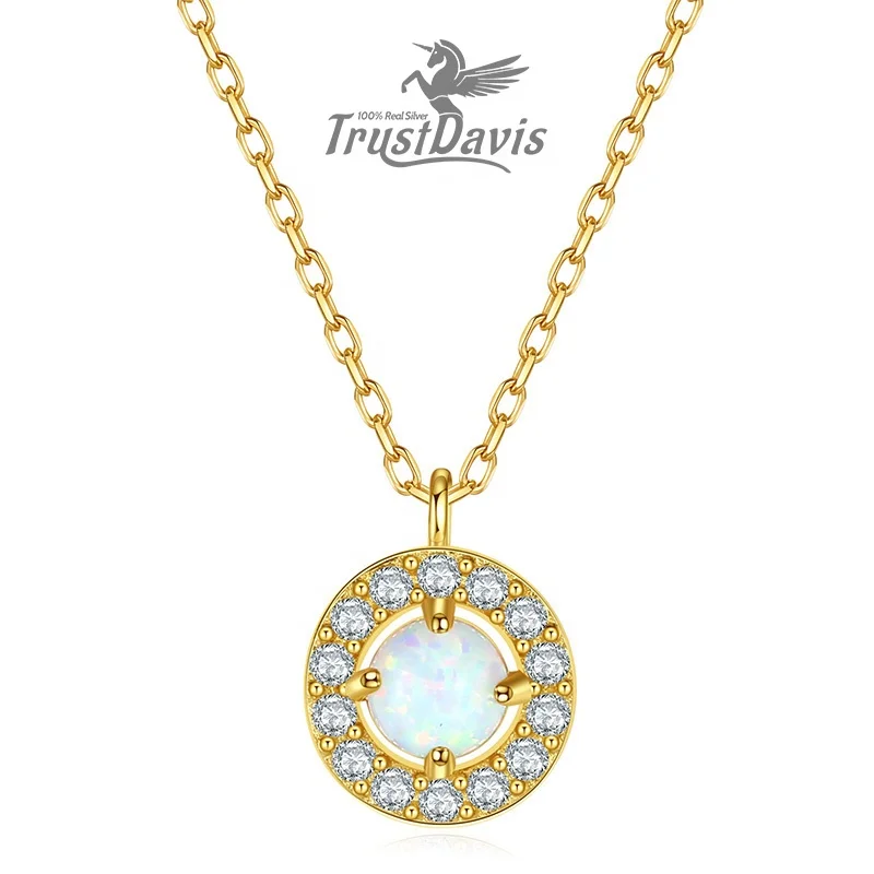 

TrustDavis 925 Sterling Silver Opal Stone Circle Zircon Pendant Clavicle Chain Necklace For Women Wedding Classic Jewelry L145