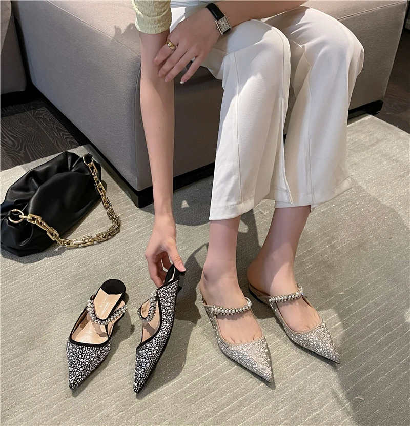 

Pearl Slippers Shoes Women Basic 2022 Summer Flock Shiny Rhinestones Pointed Toe Flats Pearl Slippers Fashion Party Women Shoes