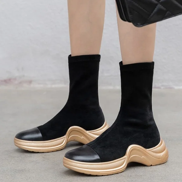 

Streetwear Casual Platform Women Mid-calf Boots INS Slip-on Sports Short Booties Low Heel Comfortable Half Knee High Boots Shoes, Black