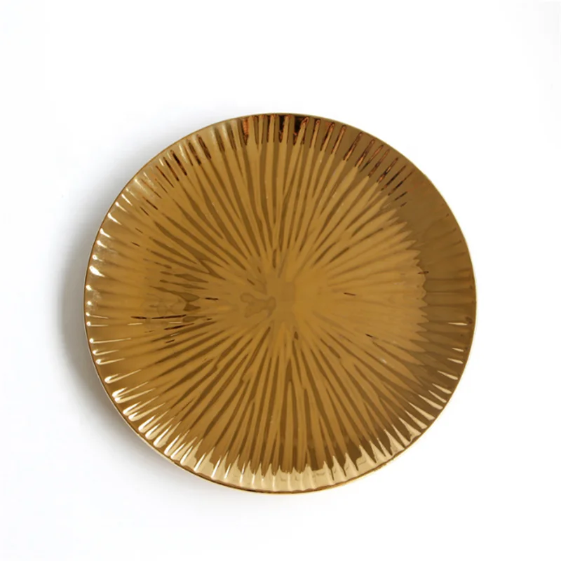 

Porcelain European Luxury Ceramic Ray Grain Stripe Plate Western High-end Elegance Delicate Smooth Dish, Gold