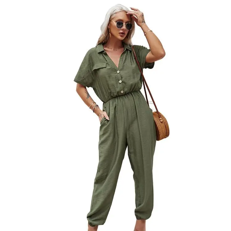 

Wholesale New Arrivals High Waist Solid Color jumpsuit Pants Women summer Short sleeve one piece Trousers Pants