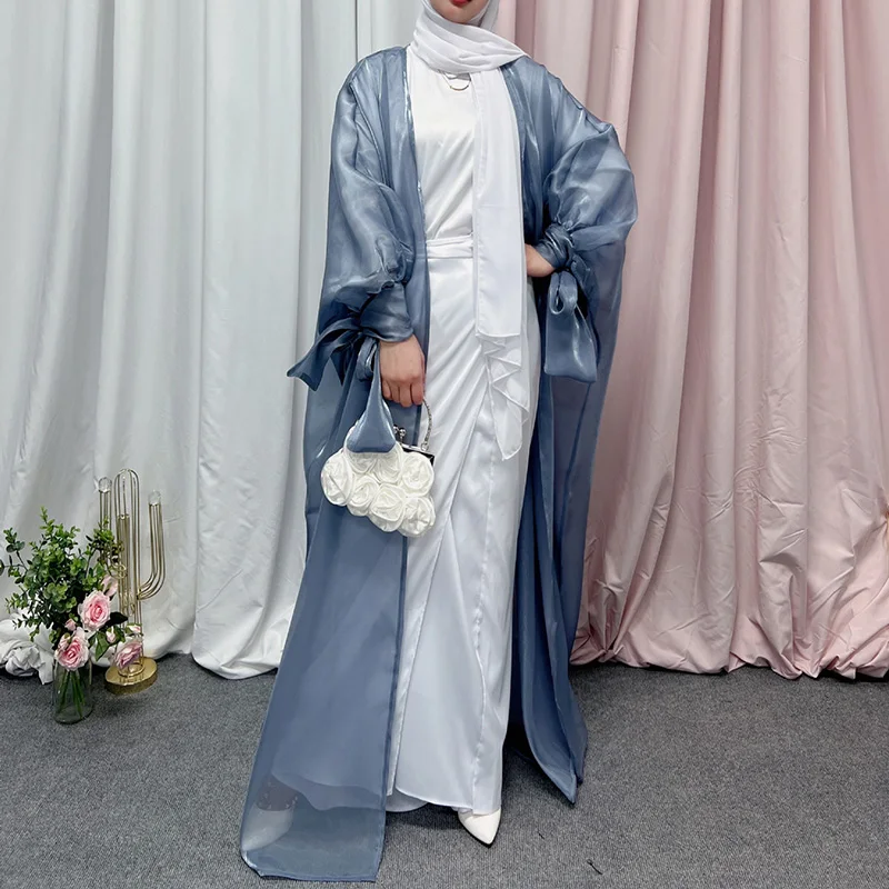 Open Abaya Laser Tie Bow Sleeves Cuff Muslim Women Soft Shining Satin Modest Abaya Islamic Clothing