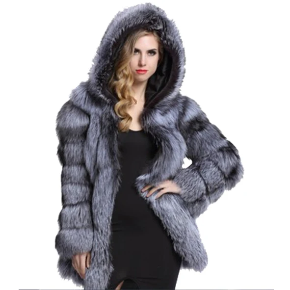 

Custom Plus Size Warm Women Faux Fox Fur Hooded Coat Jacket Fashion Winter Woman Artificial Faux Coats Overcoat