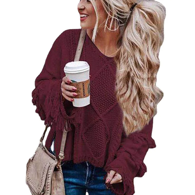 

2021 sweater fall/winter Europe and America loose knit sweater solid color fringed V-neck sweater women, Customized color