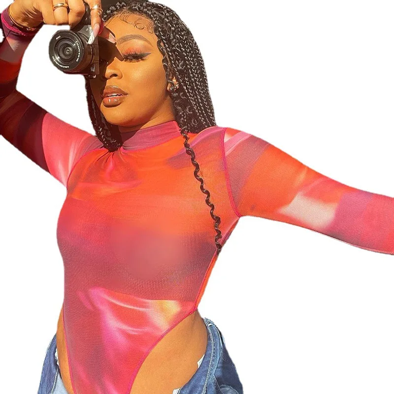 

New Style 2022 Women Mesh Romper Top See Through T Shirt Long Sleeve Printed Sheer Spring Summer Fashion Bodysuit Tops