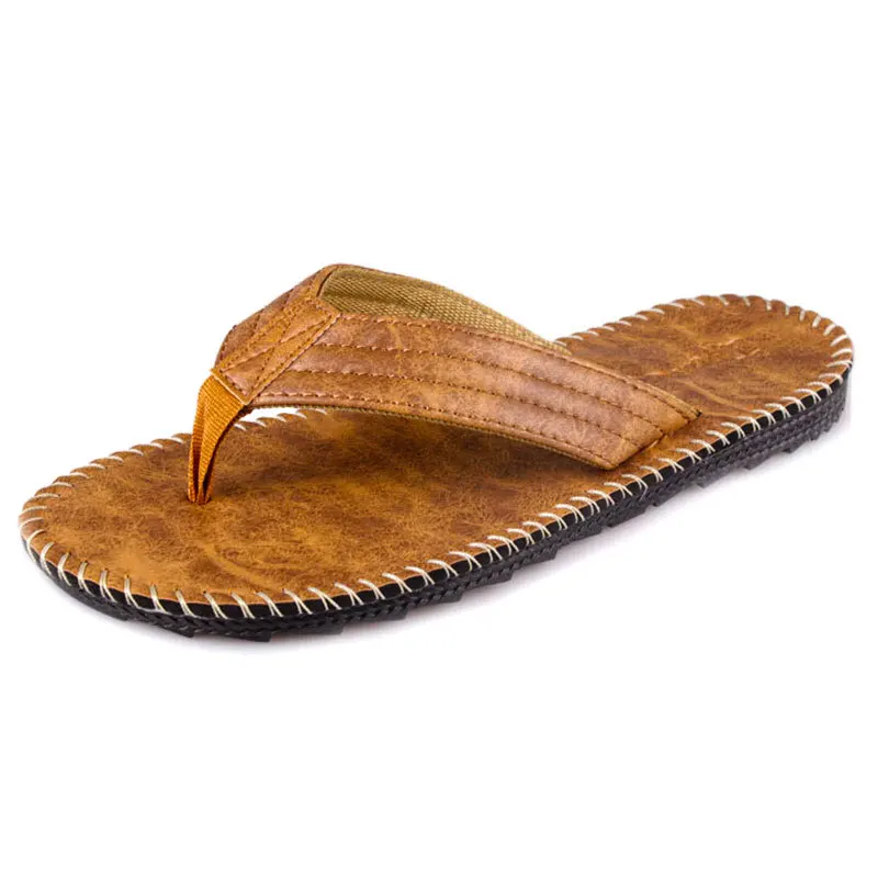 

Summer Men's Flip-flops Pu leather Non-slip Flat-heeled Beach Slipper