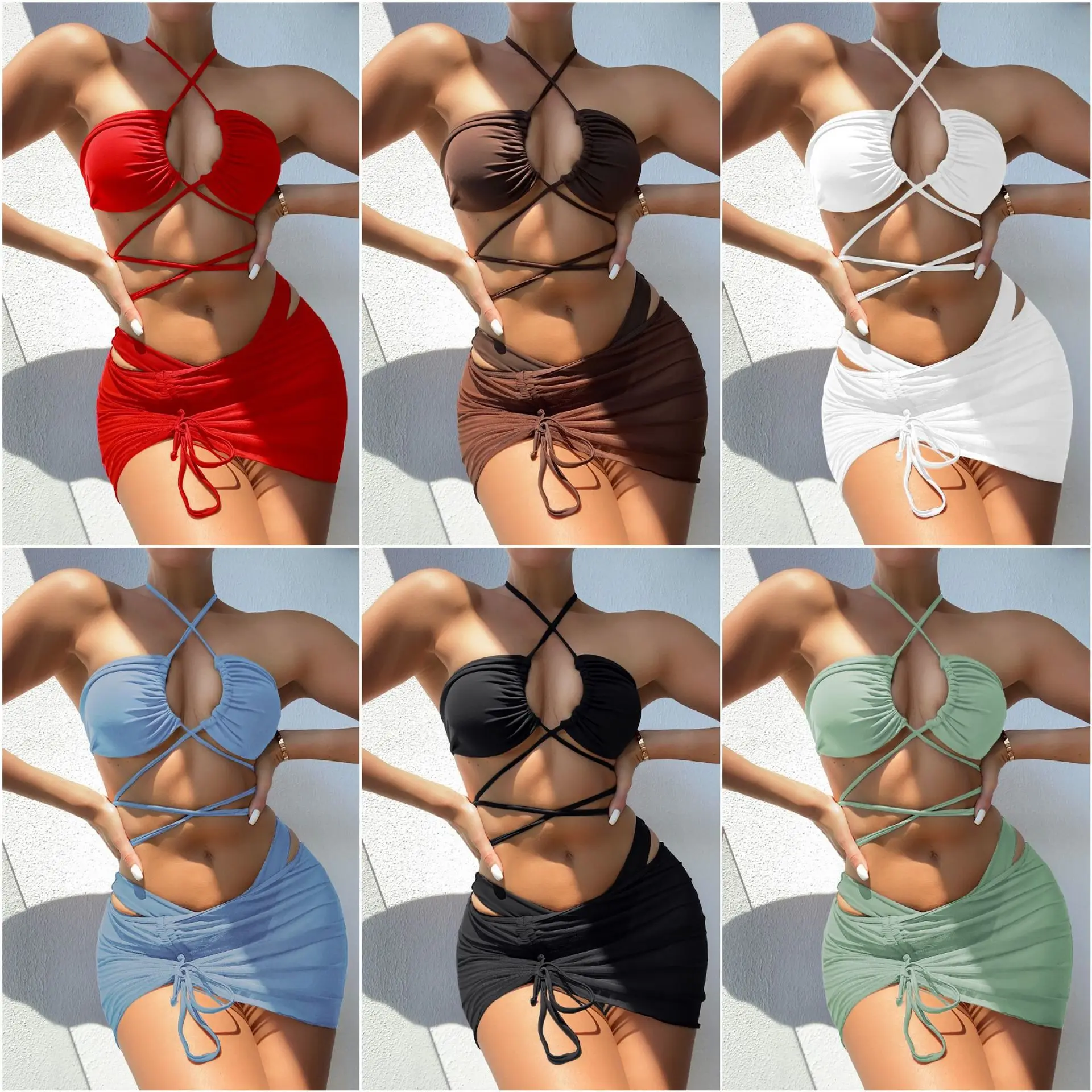 

Wholesale stock 2022 women's split swimsuit solid color sexy bandage pleated Three Piece triangle halter Bikini