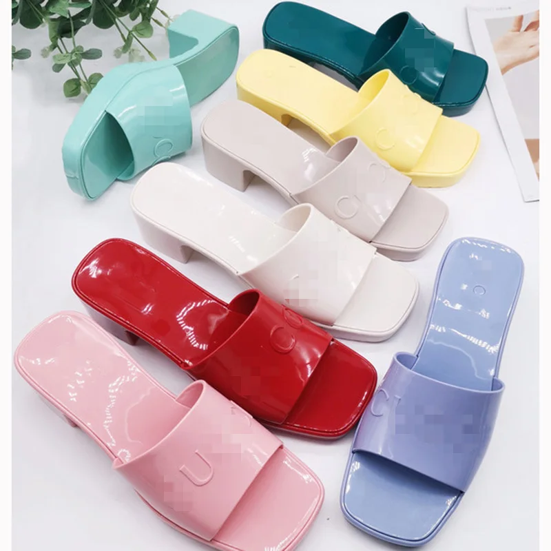 

QBD03 Latest Candy Color PVC Jelly High-heeled Sandals Luxury Brand Double GG Slippers, As shown