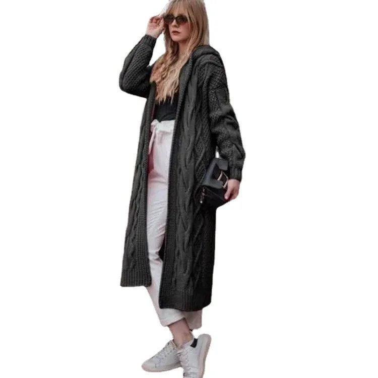 

Foreign trade new 2021wish Europe and America autumn and winter hot solid color hooded long cardigan sweater twist sweater women