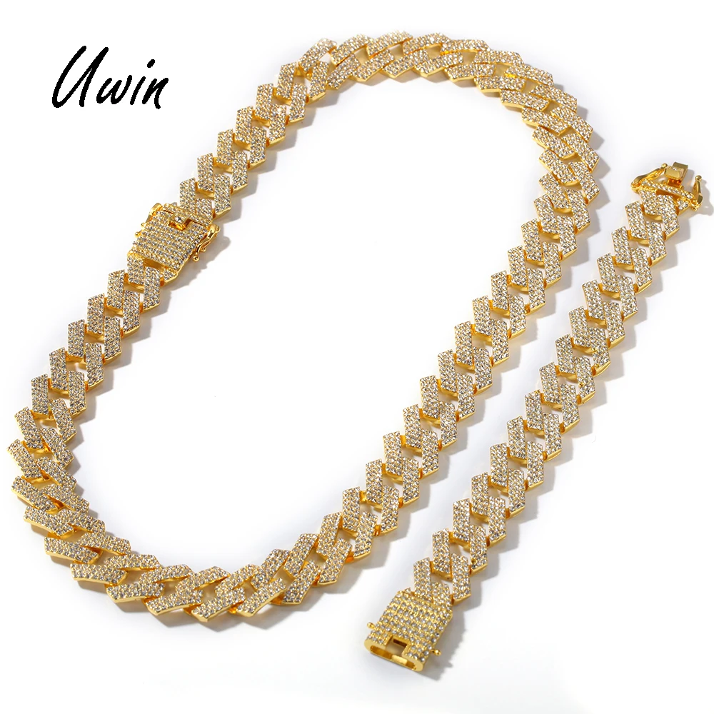 

20mm Iced Out Rhinestones Miami Prong Cuban Link Chain 3 Row Necklace Bracelet Mens Hip Hop Jewelry Set