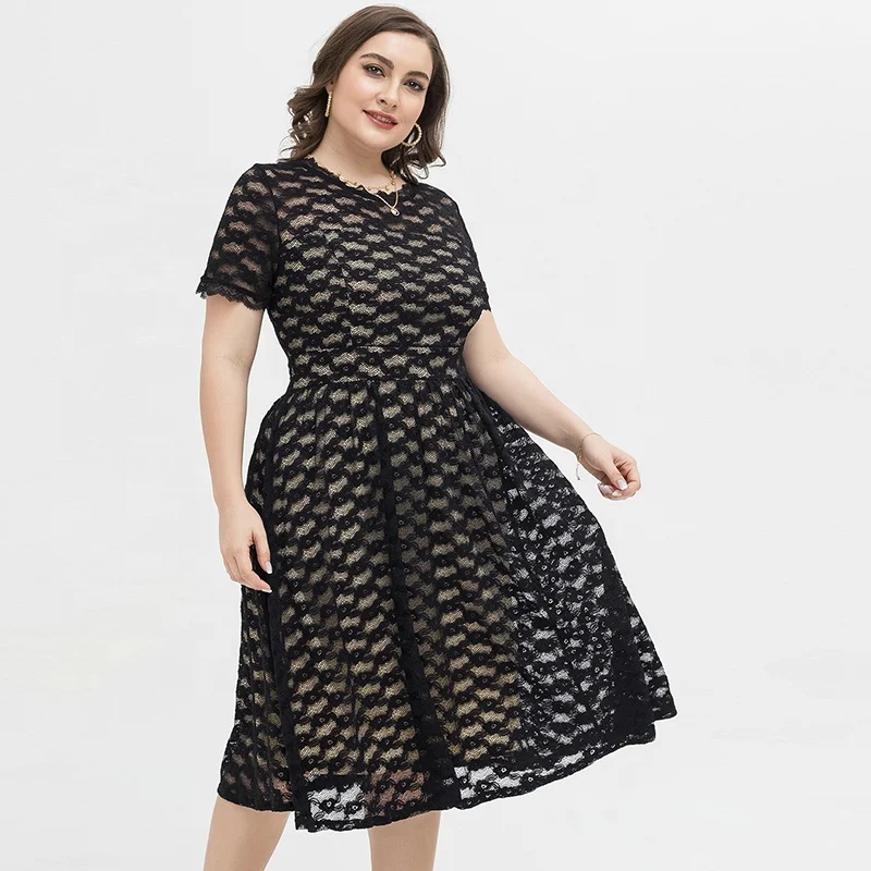 

Excellent Quality Vintage Women Elegant Plus Size Round Neck Casual Short Sleeve Lace Midi Dress