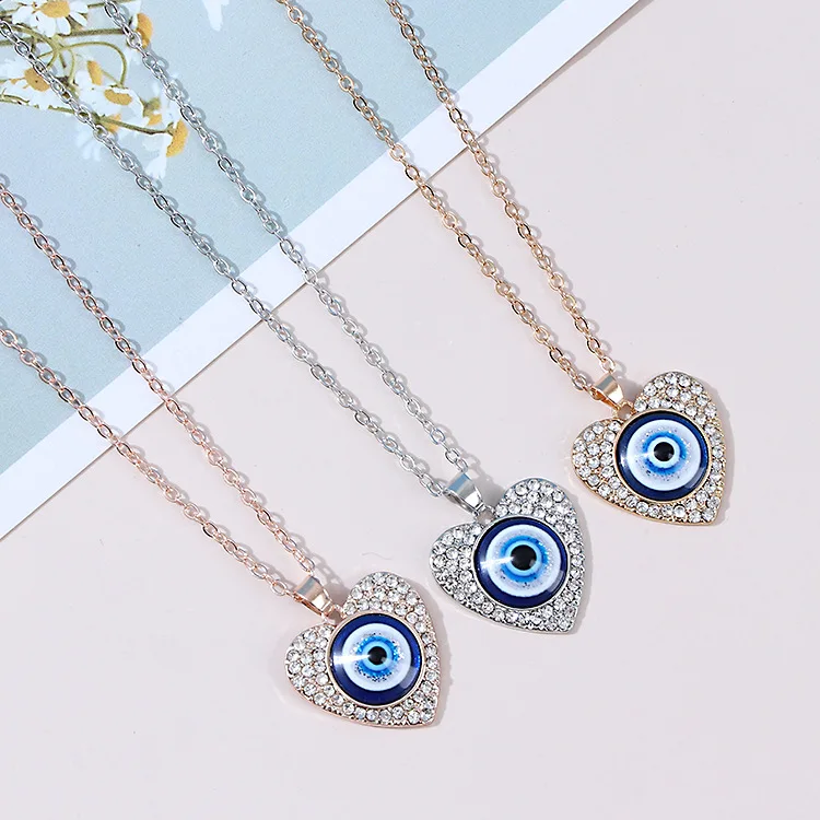 

PAVA 2022 Wholesale Gold Plated Devil Eyes Necklace For Women diamond heart Evil Eyes necklace Blue Evil Eyes Pendant Necklace, Rose gold/gold/silver