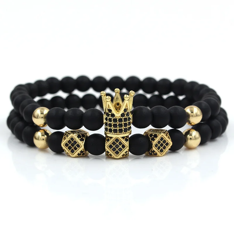 

European Hot Selling 2Pcs/Set Elastic 6mm Black Agate Stone Geometric Zircon Charms Royal Crown Beaded Bracelet Set