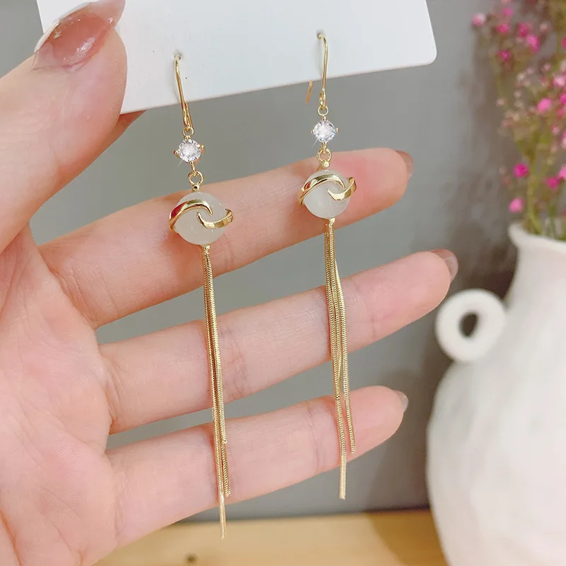 

Elegant 18k Real Gold Plated Opal White Jade Drop Earrings Gold Tassel S925 Sterling Silver Crystal Ball Earrings Jewelry