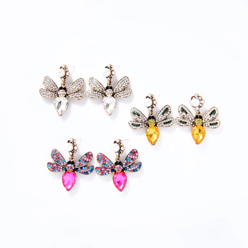 

e041514 2020 Beautiful Insect Designs Rainbow Wings Pave Crystal Rhinestone Pearl Jewelry Cute Girls Fashion Bee Earings