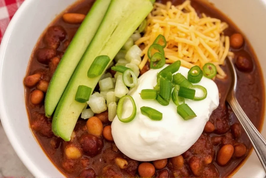 Finished bowl of best chili recipe ever with toppings including sour cream, cheese, and green onions