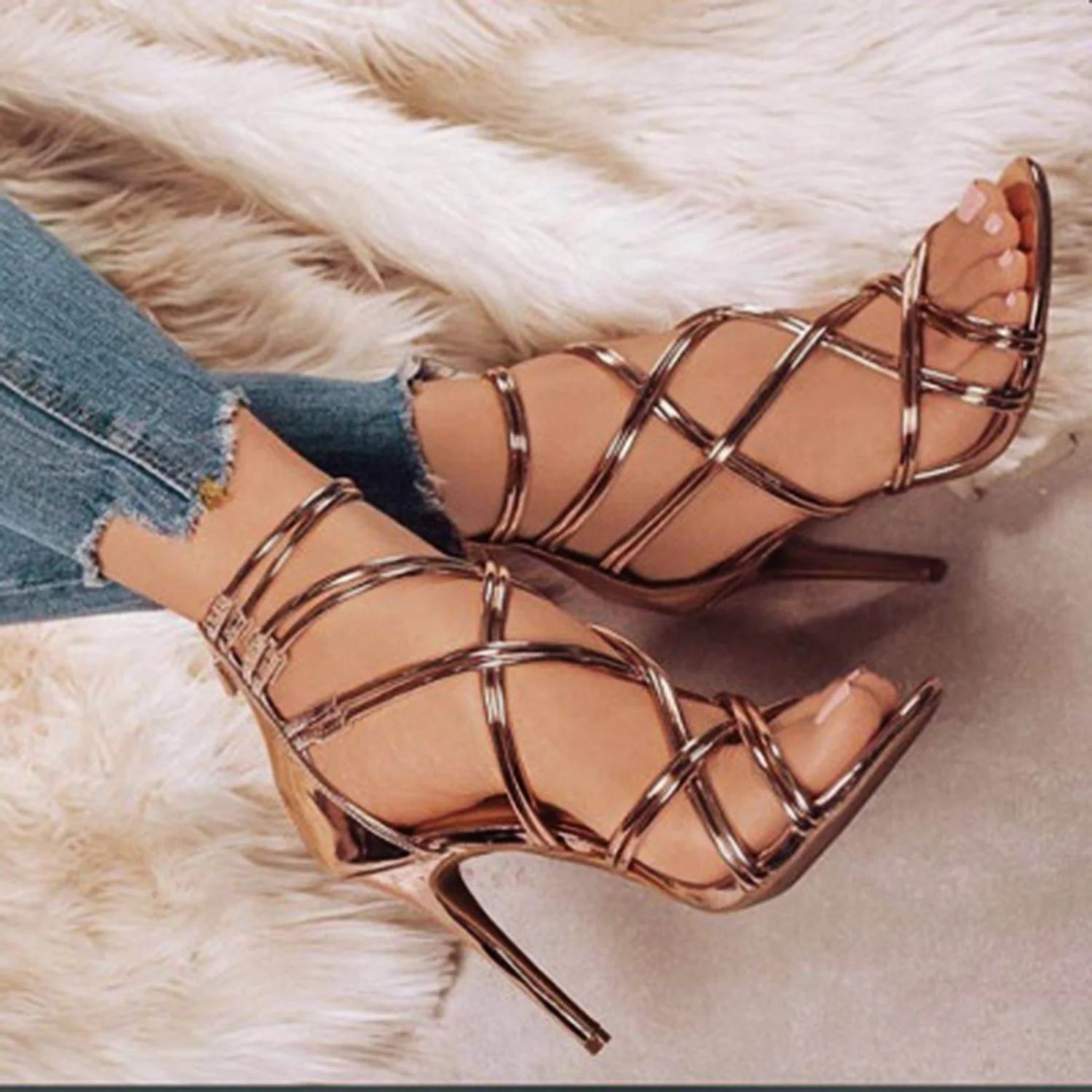 

Hot Sale Wholesale Large size European and American cross-border women's shoes fish mouth hollow cross strap high heel, Black/ gold/ apricot