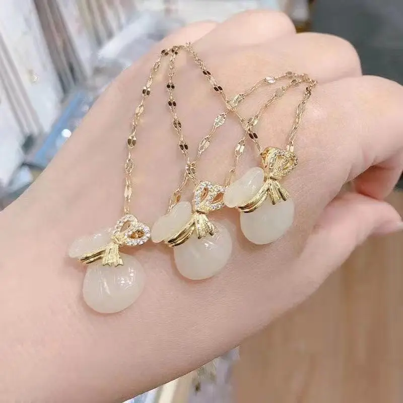 

jade pendant mini 2021 Jialin Jewelry 18k gold plated jade money bag necklace pendants money bag lucky charms for women